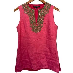 LaFayette 148 New York Pink 100% Linen Embroidered Jeweled Blouse size 4 Green